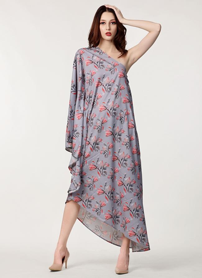 Poly Crepe  Grey Party Wear Printed Readymade Dress